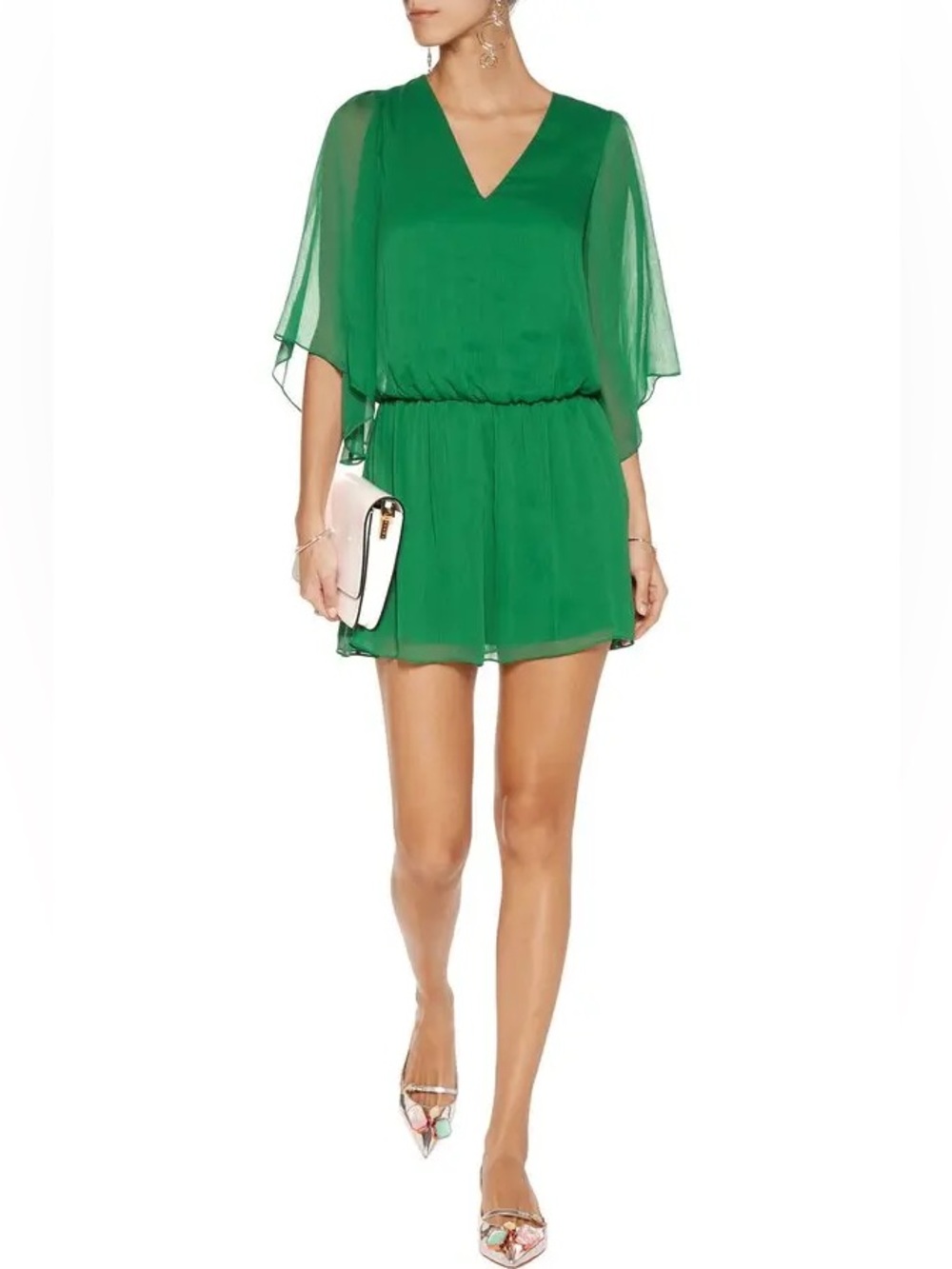 Alice + Olivia Lyla Blouson Pleated Chiffon Mini Dress Juniper Green XS